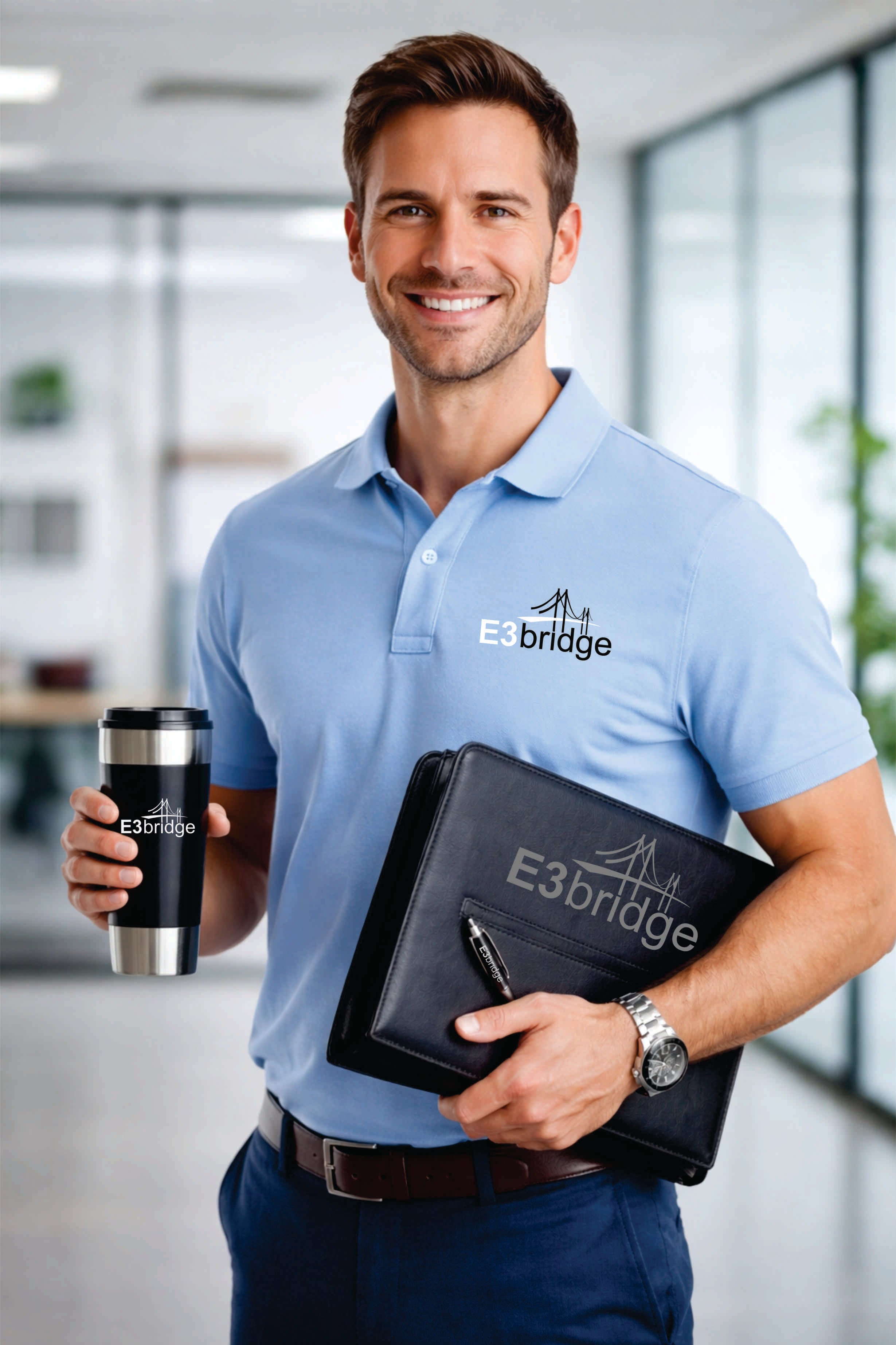 Man in a light blue shirt with E3bridge logo holding a black mug and folder.