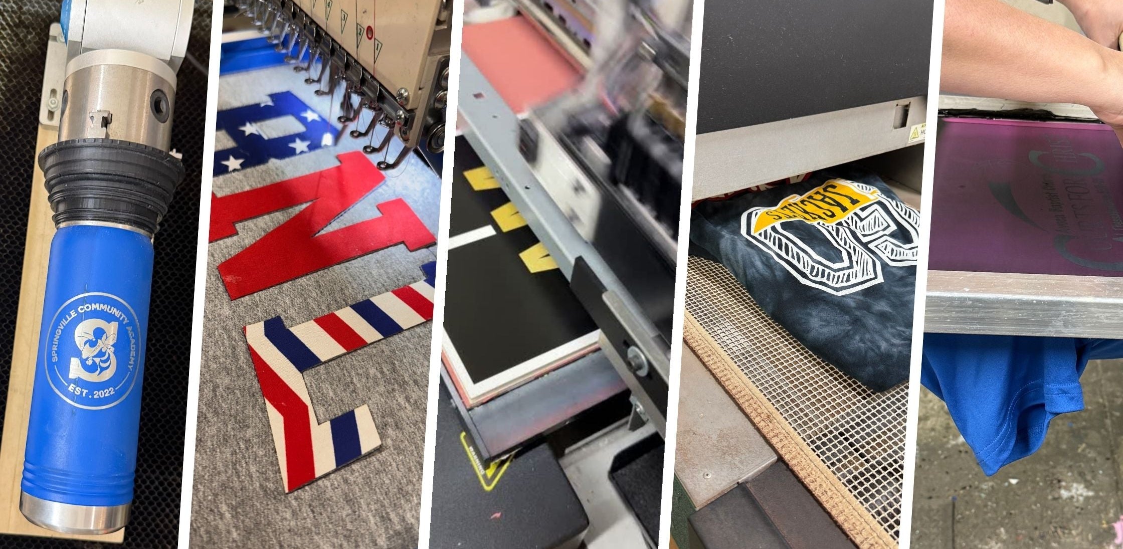 Collage of a printing process with various items including a blue tumbler, text on fabric, and a person working.
