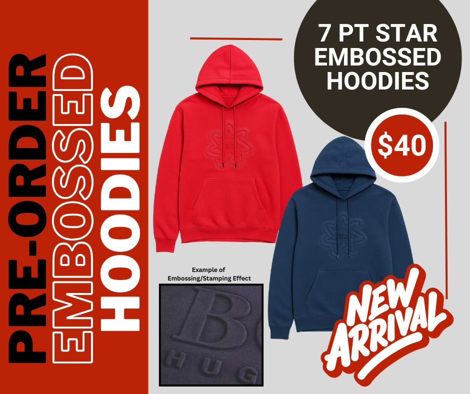 Promotional graphic for pre-order embossed hoodies with red and blue hoodies, text, and embossing effect example.